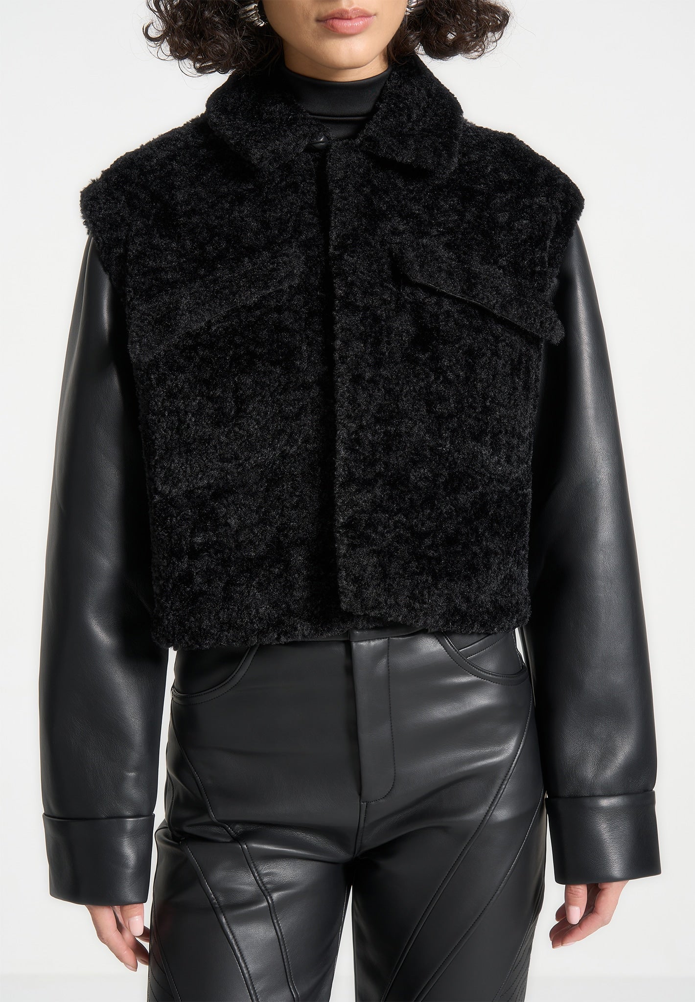 Plush Jacket With Leather Sleeves - Black