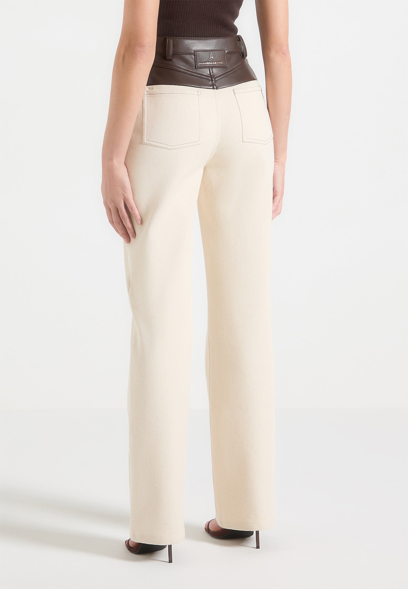 Leather & Denim Boyfriend Jeans - Cream/Brown