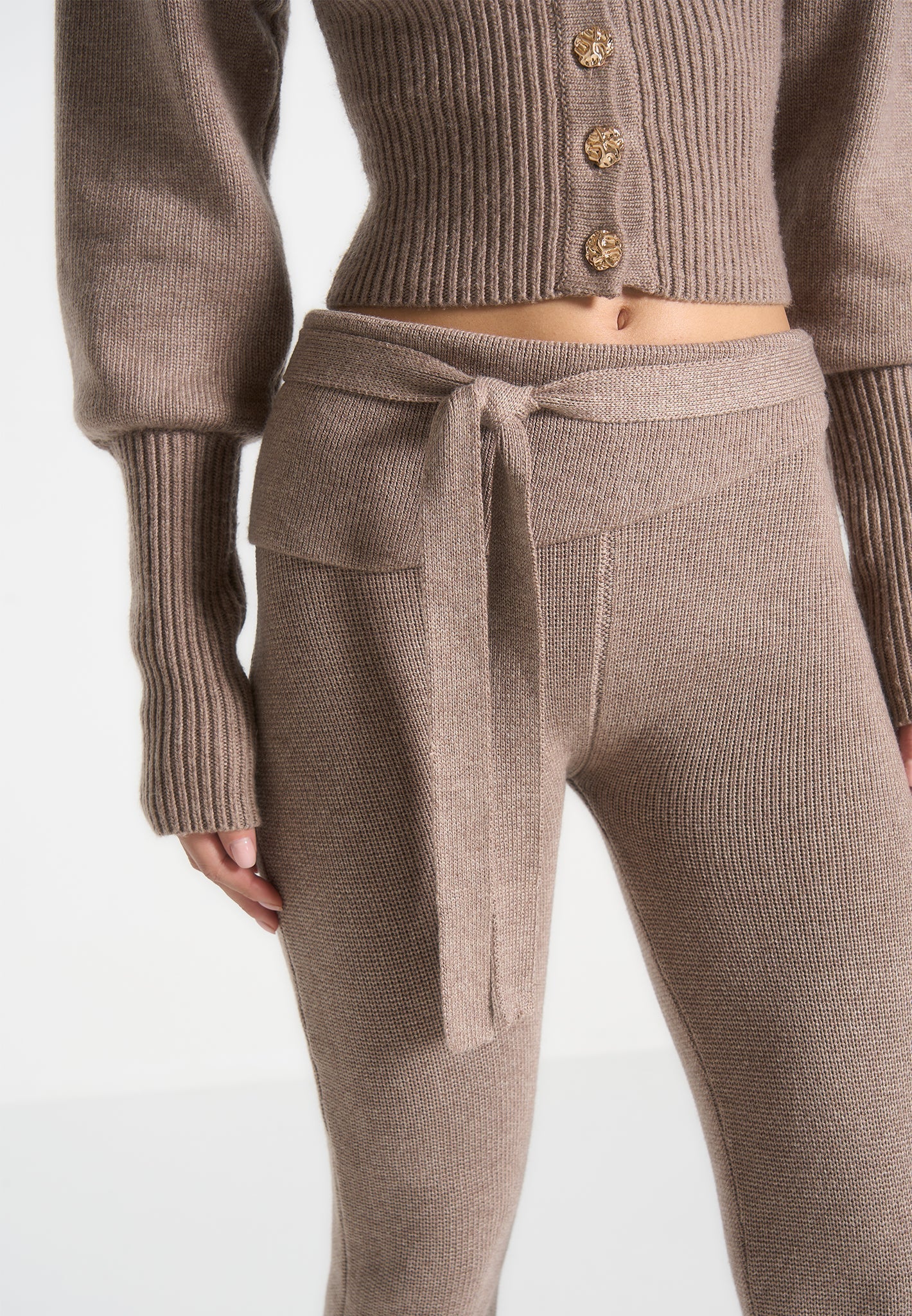 Knitted Fit & Flare Leggings with Belt - Taupe