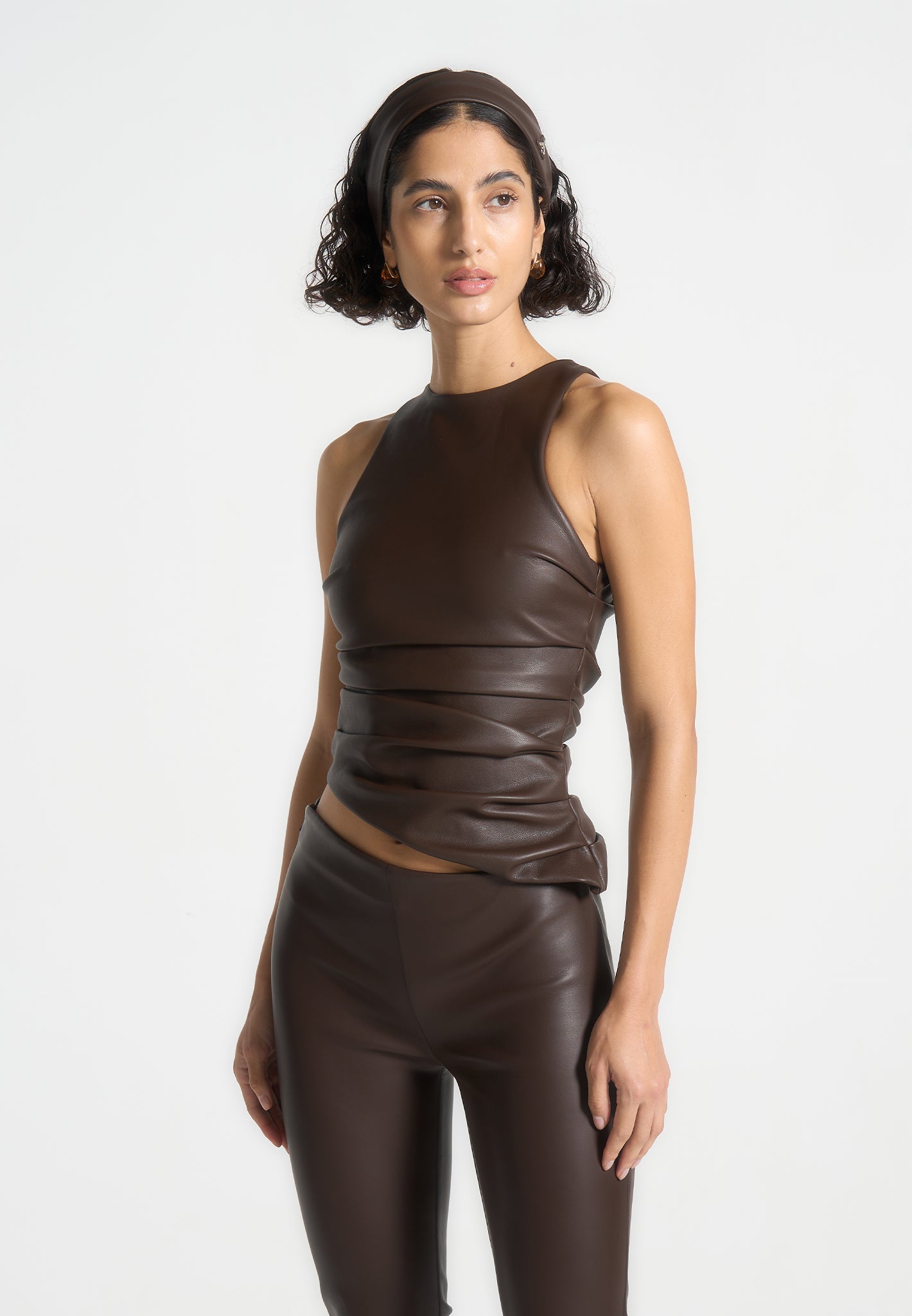 Leather Asymmetric Tacked Racer Top - Brown