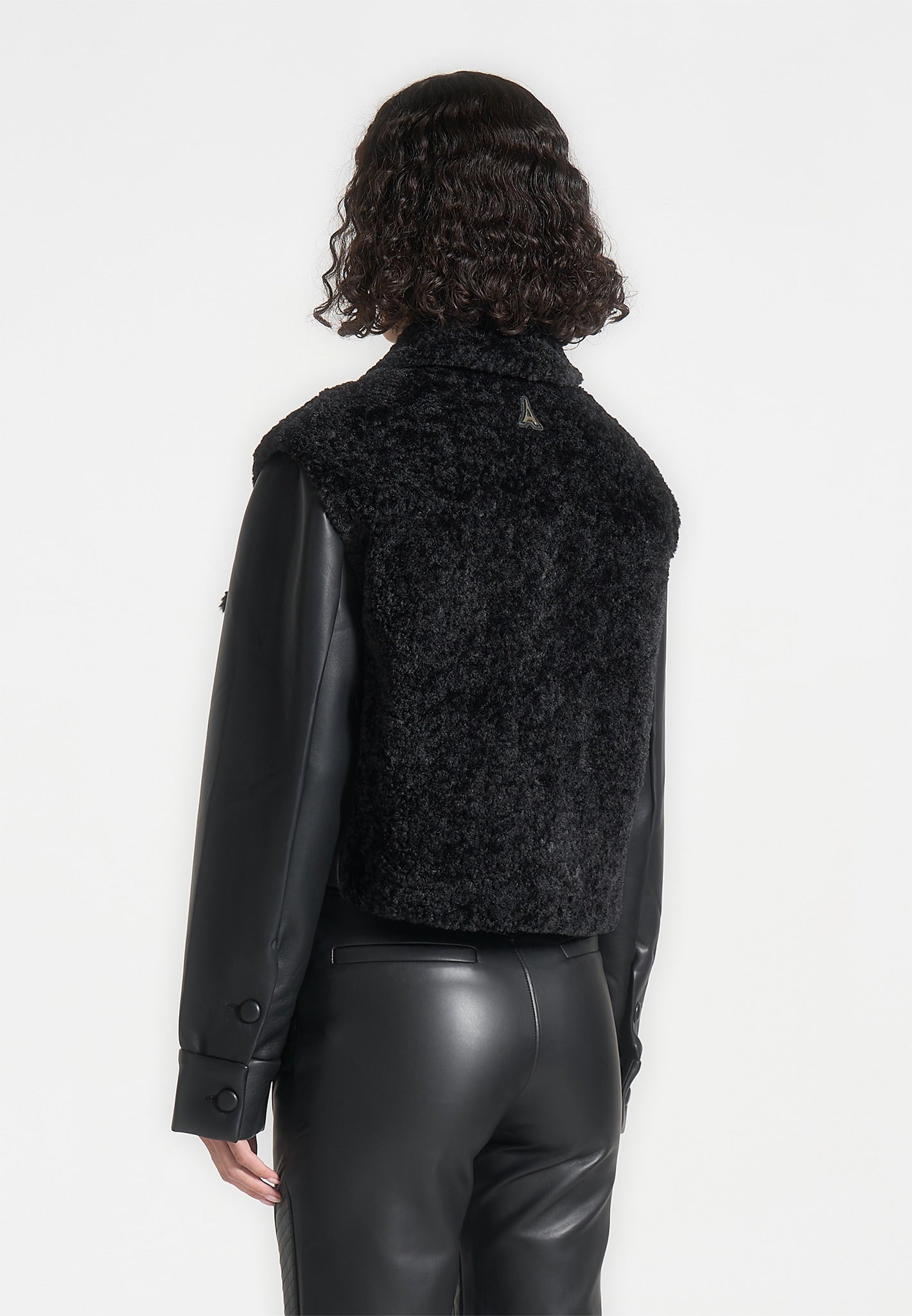 Plush Jacket With Leather Sleeves - Black