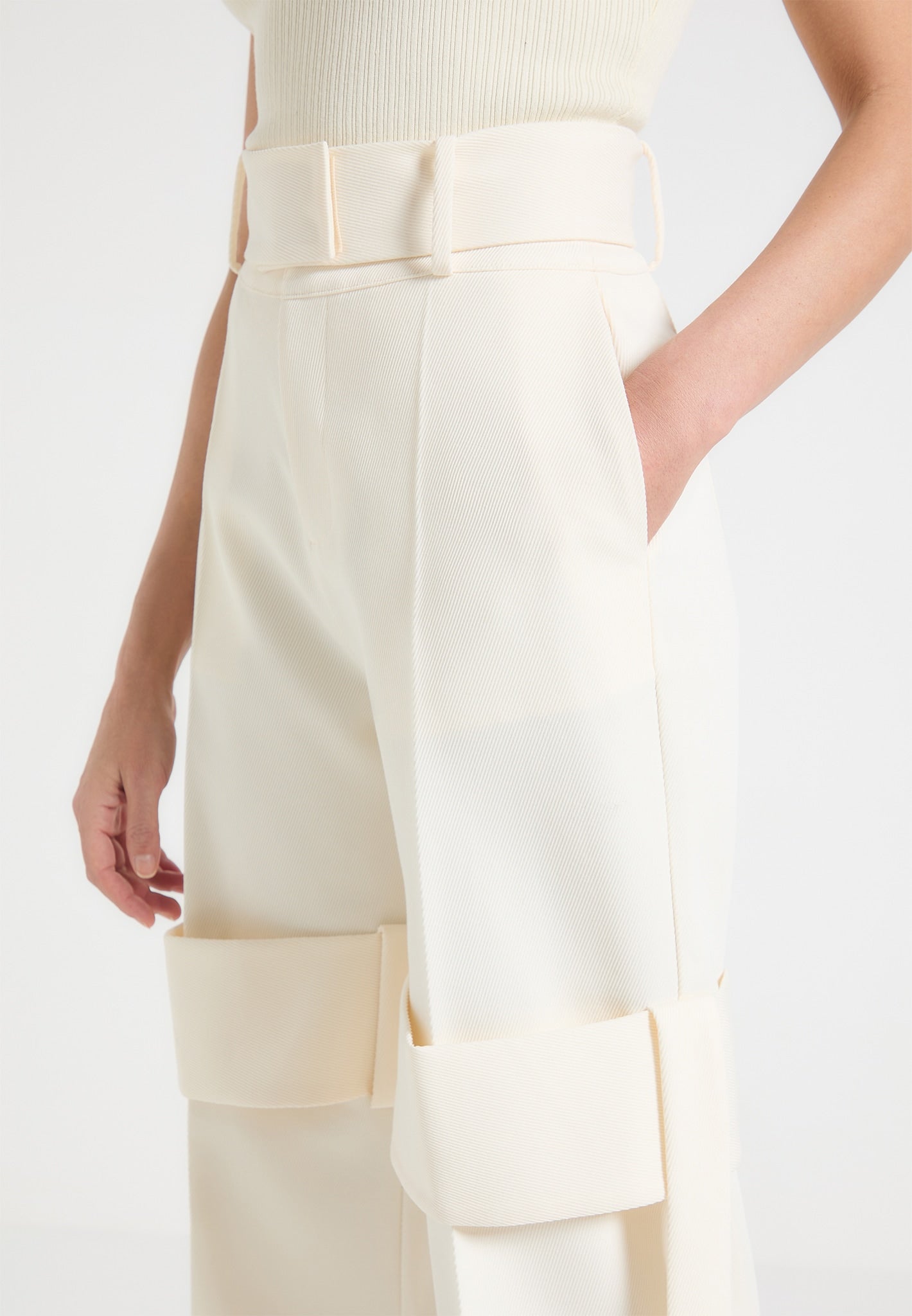 Tailored Belted Strap Detail Trousers - Cream