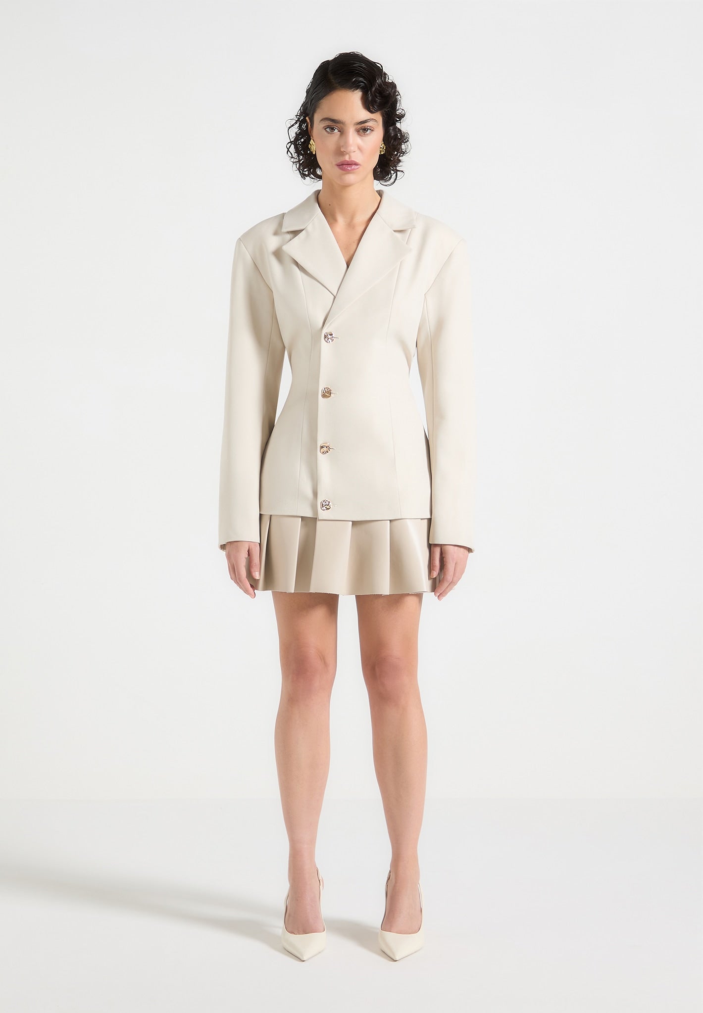Tailored Cinch Blazer Dress with Pleats - Beige