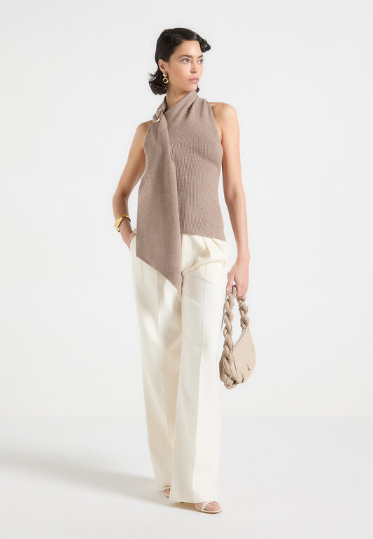 Knitted Draped Halterneck Top - Taupe