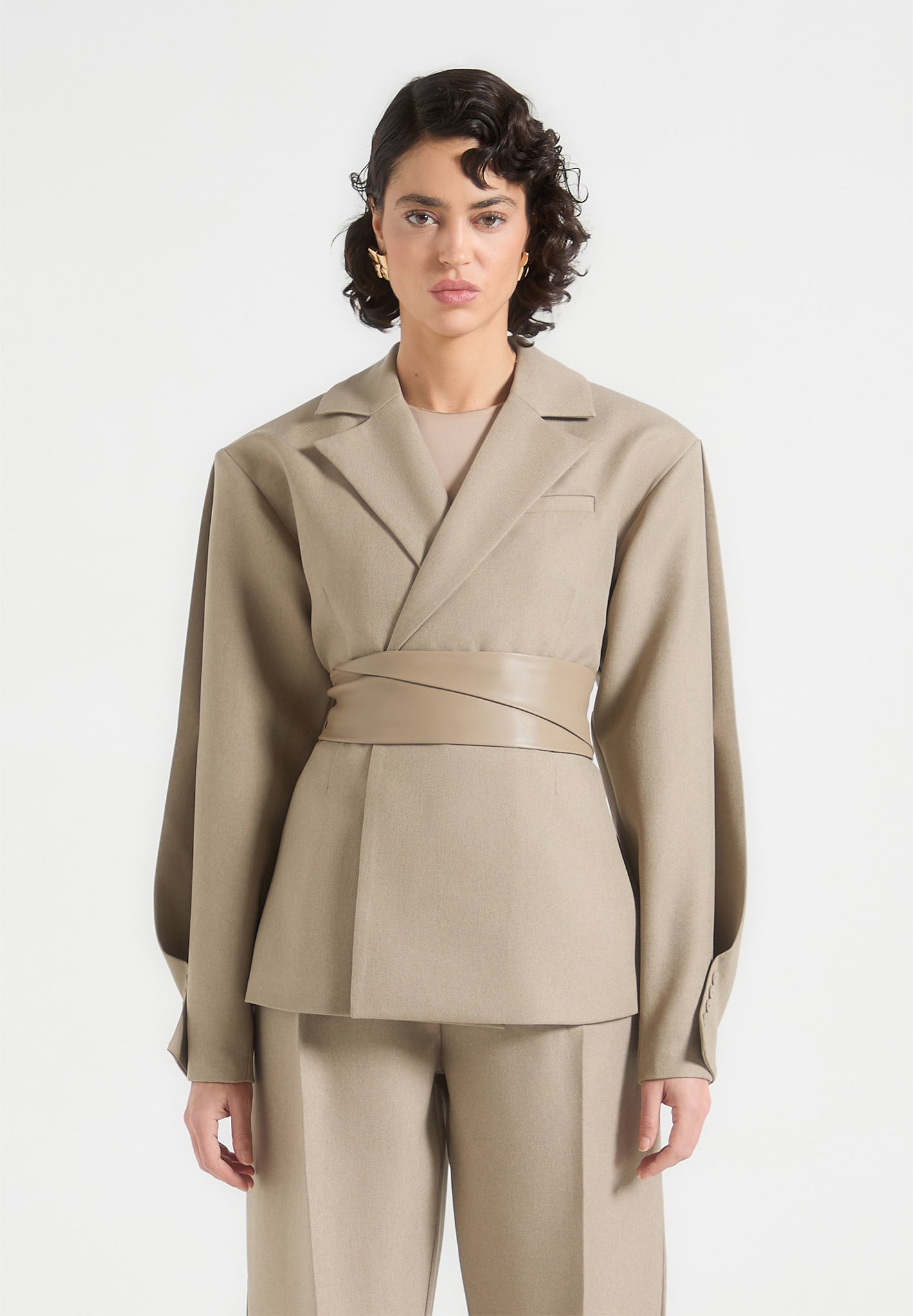 Twist Sleeve Tailored Blazer with Belt - Taupe