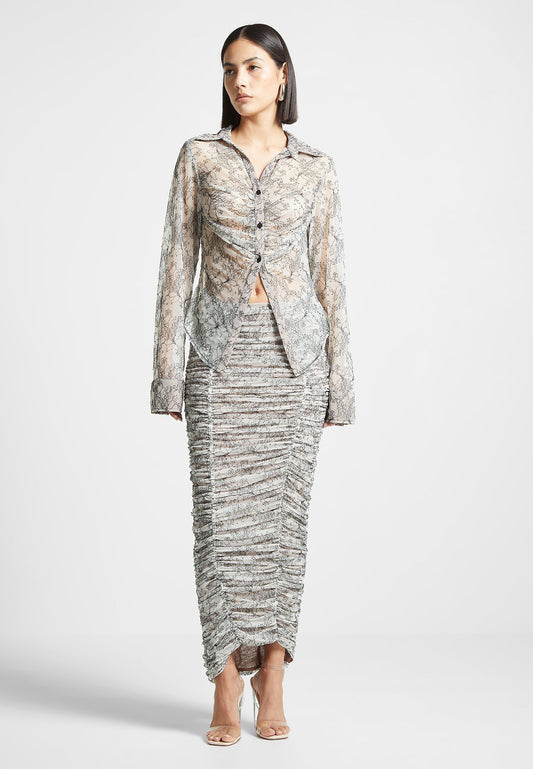 Ruched Lace Asymmetric Midaxi Skirt - Off White