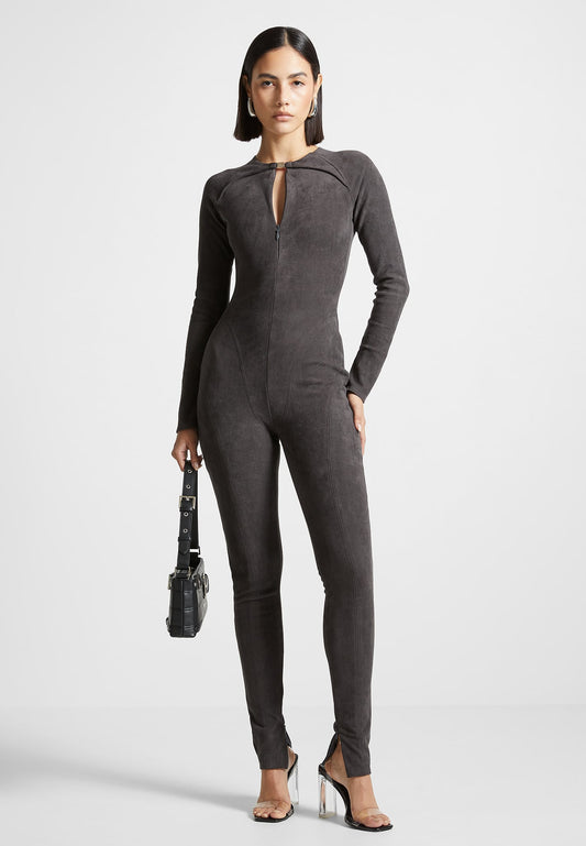 Vegan Suede Jumpsuit - Dark Grey