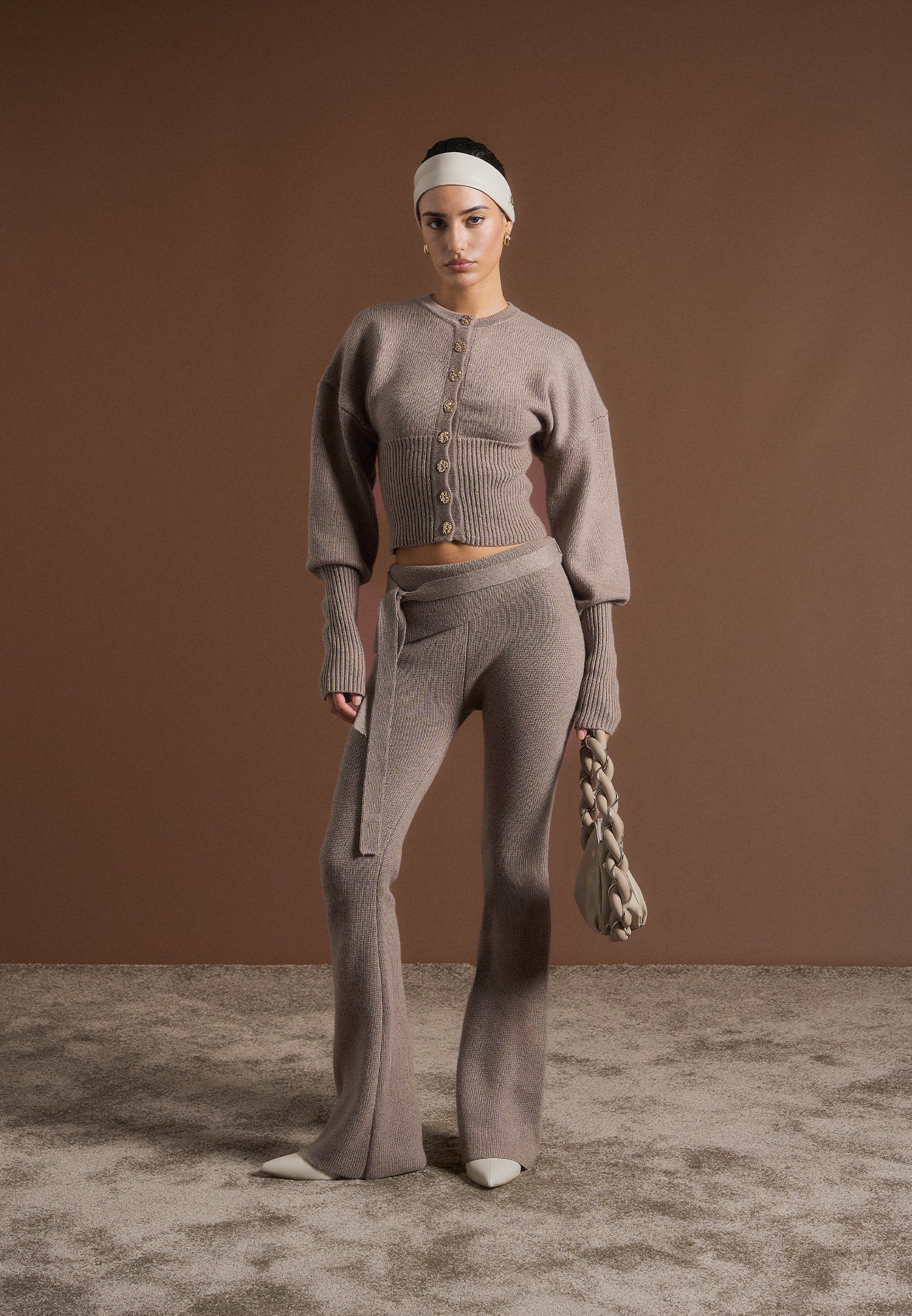 Knitted Fit & Flare Leggings with Belt - Taupe