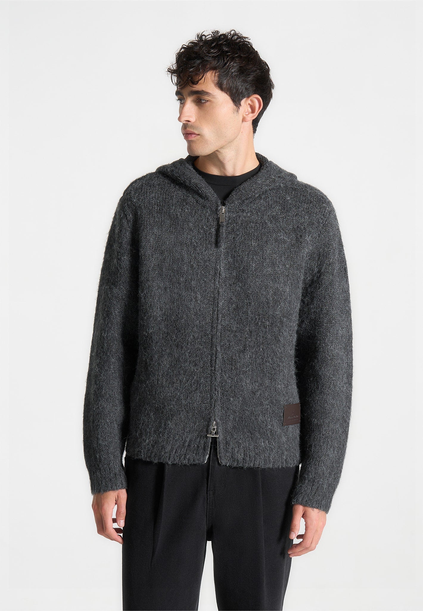 Mohair-Blend Zip Through Hoodie - Charcoal Grey