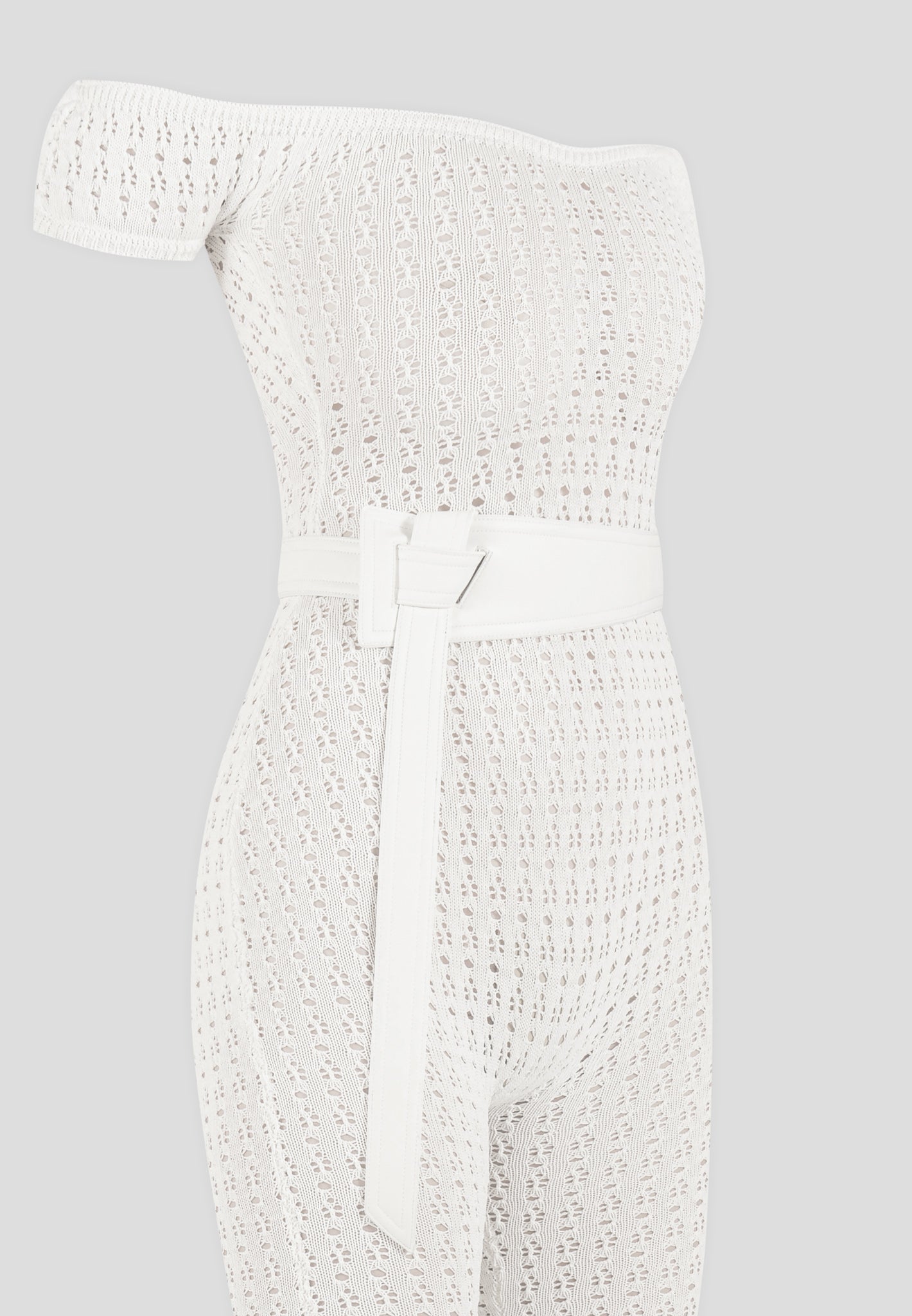 Pointelle Knit Bardot Jumpsuit with Belt - Cream