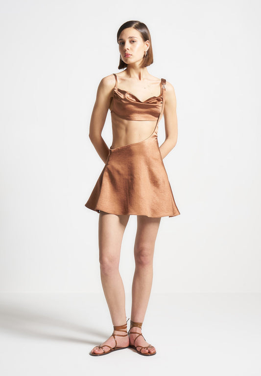 Satin Bralette Fluted Mini Dress - Bronze