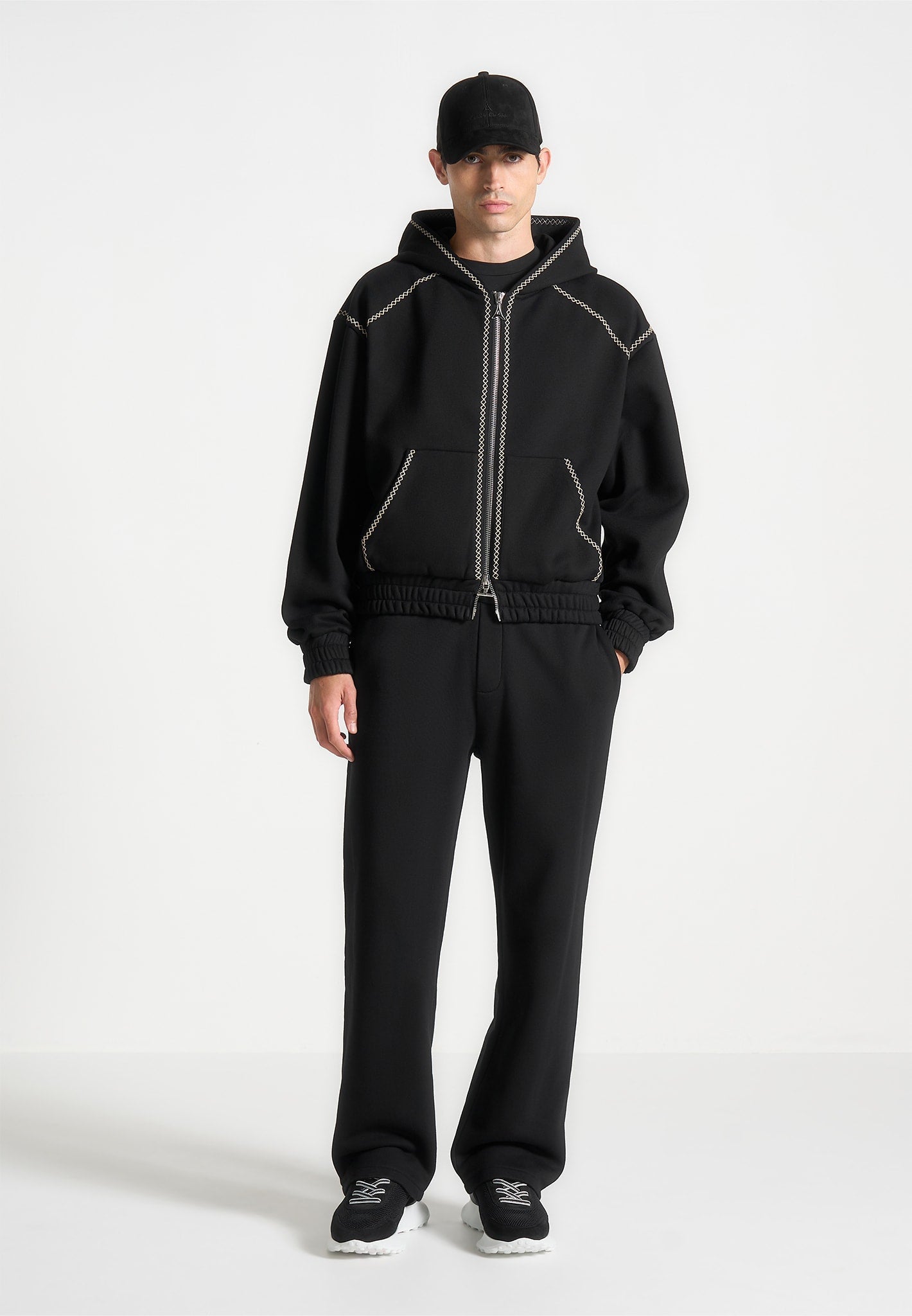 Whipstitch Raglan Effect Zip Hoodie - Black